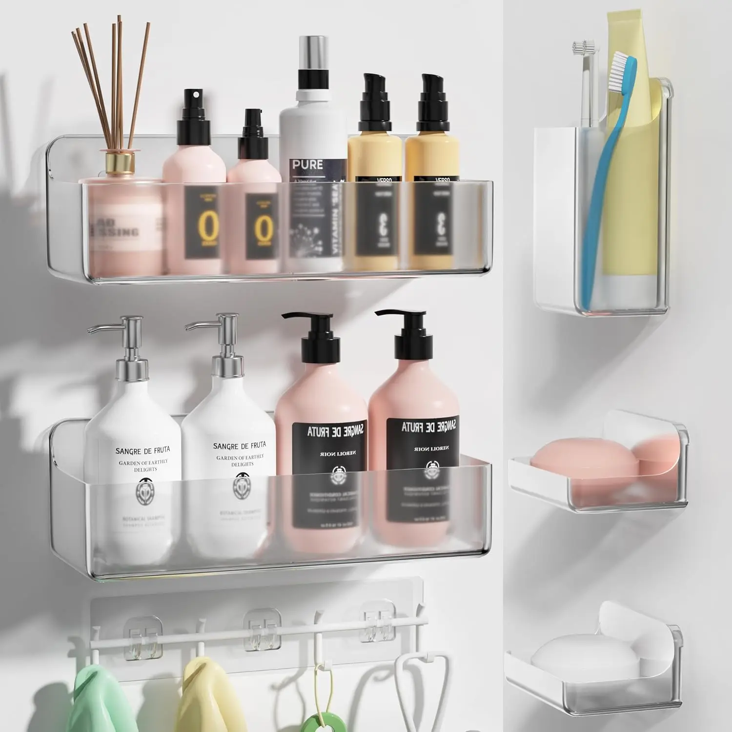 Adhesive Shower  Shower Shelves Bathroom Organizer and Storage | 6 Pack,Rustproof,No Drilling,with Soap Holder,Clear,, Large Capacity,Removable and ,Plastics,Wall-Mounted
