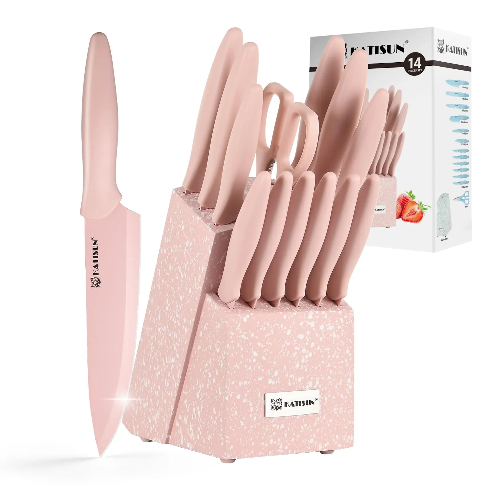 14-Piece Pink Stainless Steel Kitchen Cutlery Set with Block - 12 Knives, Blade, Kitchen Shears, Non-Stick, Anti-Rust, Dishwasher Safe, Ergonomic Curved Grip Handles, Steak Slicer, for Home Cooking