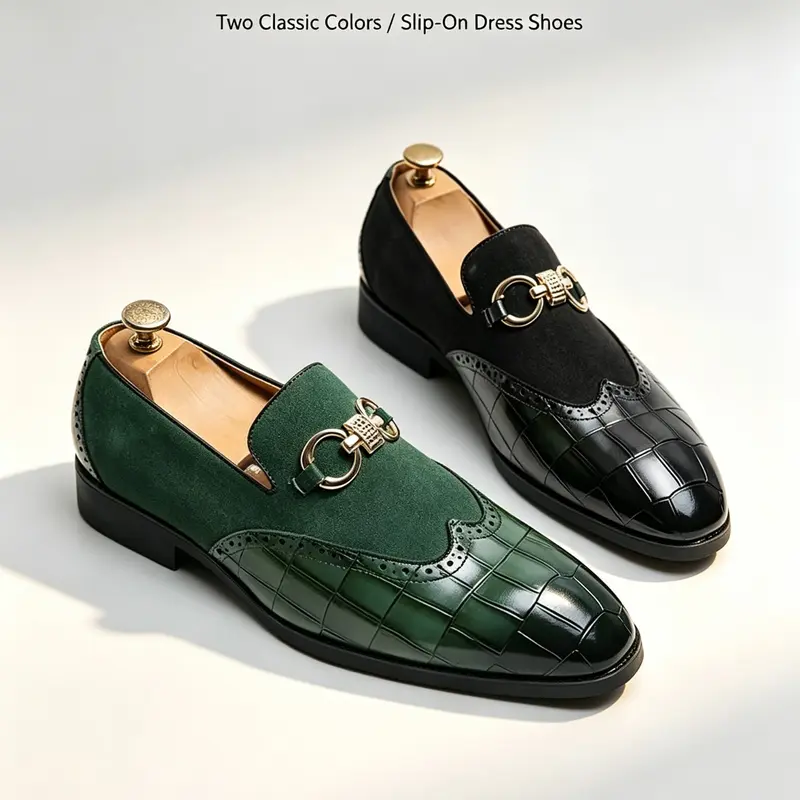 Men's Fashion Dress Shoes, Business Formal Shoes, Business Style Footwear, Metal Decoration Patchwork Design, Slip-On Derby Style, Casual & Formal, All-Season Comfort