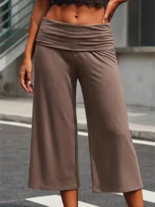 Women's Dual Layer Waist Capri Pants, Soft Casual Loose Fit, Yoga & Streetwear, Natural Waist, Elastic Waist, Below Knee Length