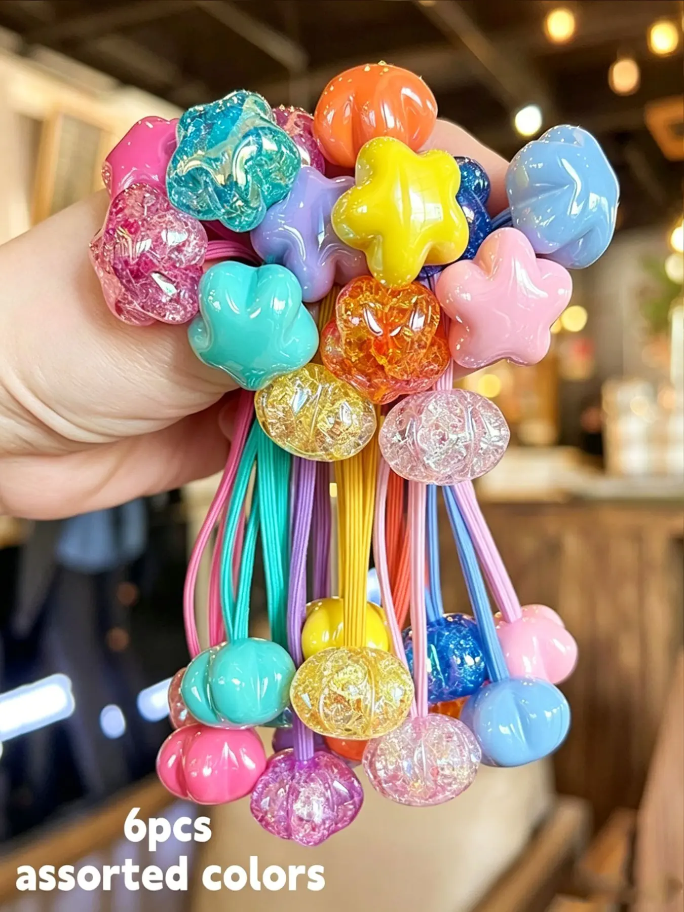 6 Pcs Women's Sweet Star-Shaped Hair Ties, Cute Hair Accessories, Candy Color Glitter Design, High Elasticity, Gentle on Hair, Stylish Ponytail Bands