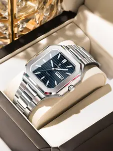 Poedagar square luxury fashion men's waterproof quartz watch, Water Resistant Watch, with luminous date and day display, stainless steel men's watch Square dial wristwatch, High Quality Watch