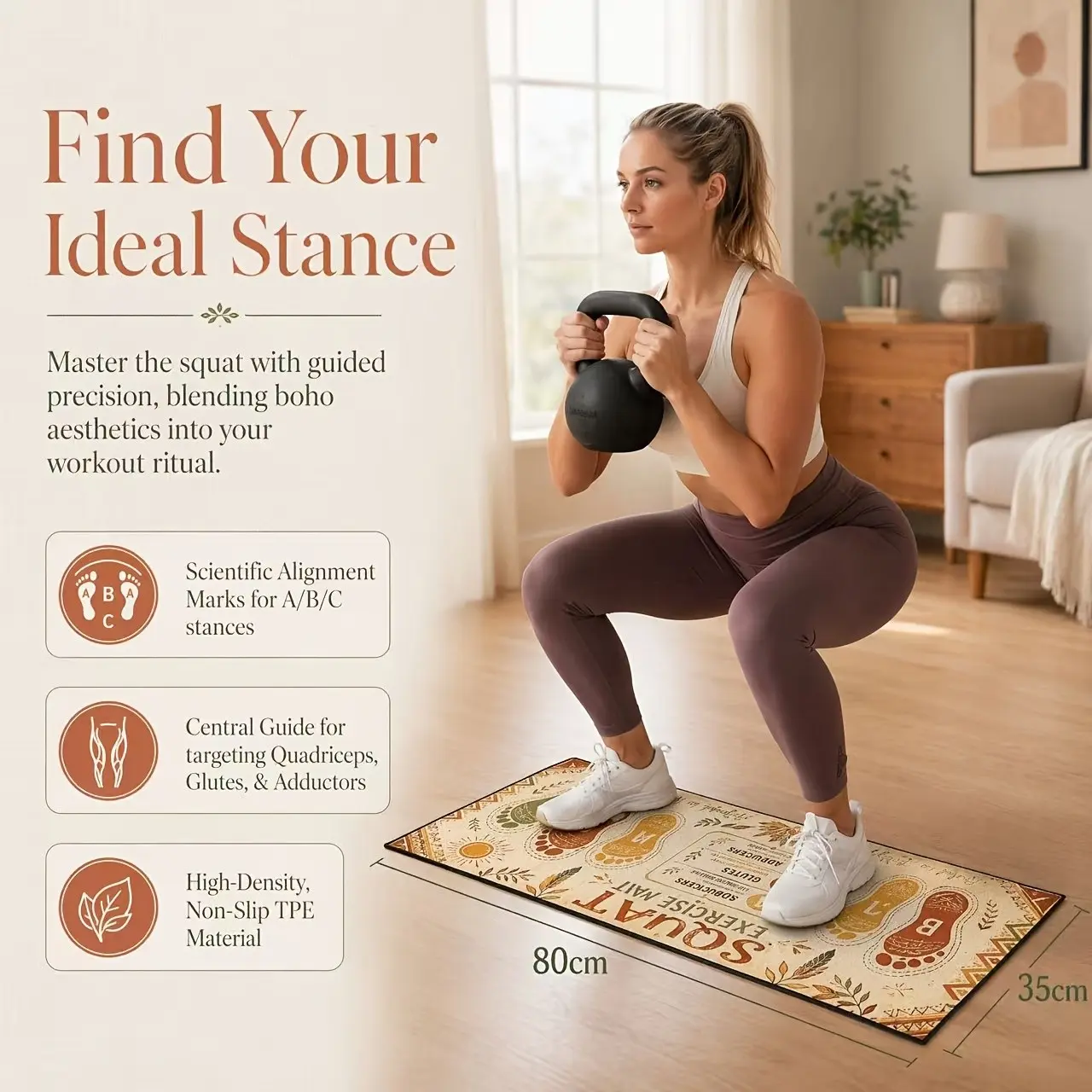 Bohemian Style Squat Mat with Abc Footprint Guide, Thickened Knee Pad, Non-Slip Exercise Mat, Joint Support, Portable Fitness Equipment, Floor Exercise Mat