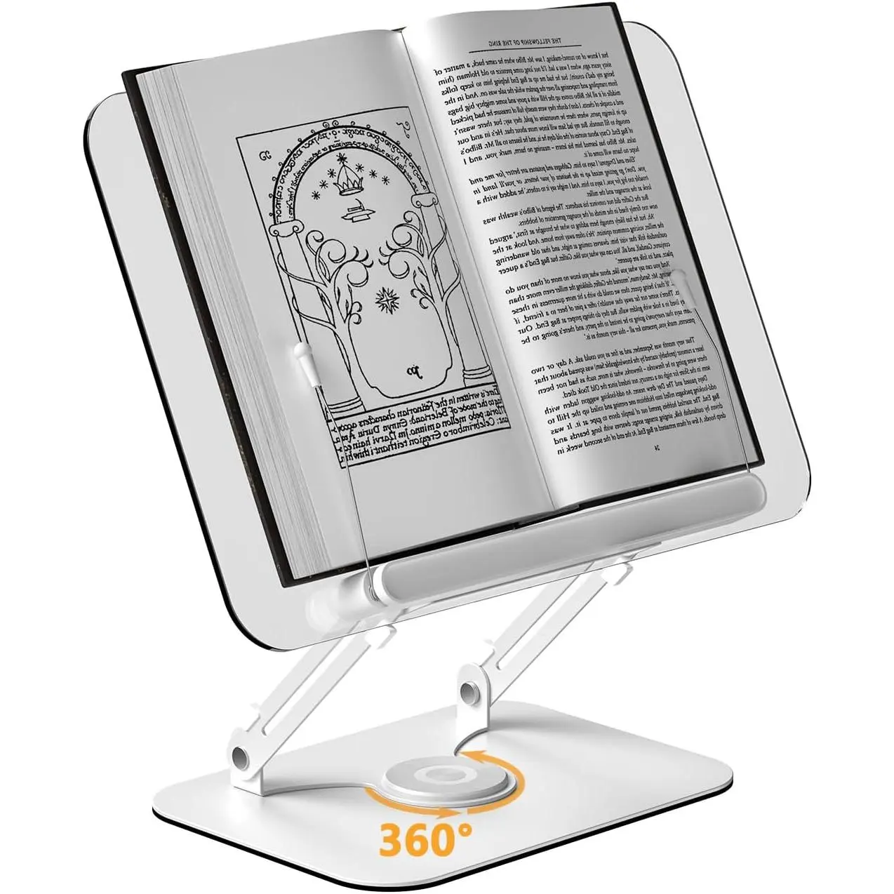 360° Rotating Base Book Stand with Adjustable Holder, Page Clips & Foldable Stand, Desktop Organizer for Recipe Books, Laptops, Tablets (Office Stationery Desk Accessory)