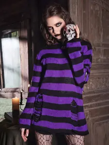 Women's Gothic Dark Style Striped Ripped Sweater, Loose Punk Rock Knit Pullover, Alternative Emo Street Fashion