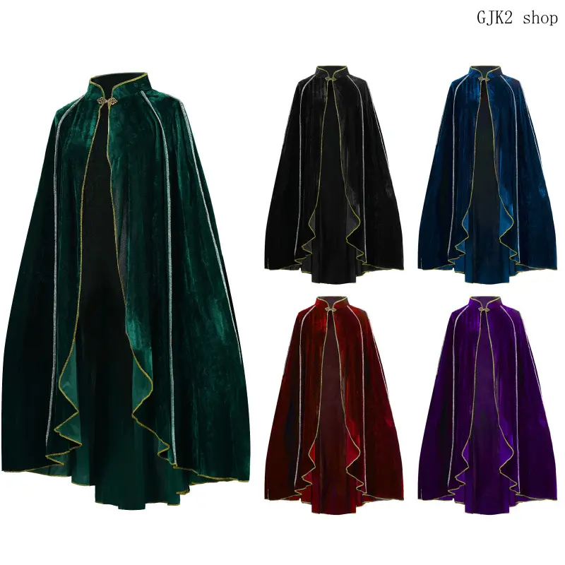 Stand‑Collar Velvet Long Cape, Vintage Trimmed Cloak for Halloween Cosplay