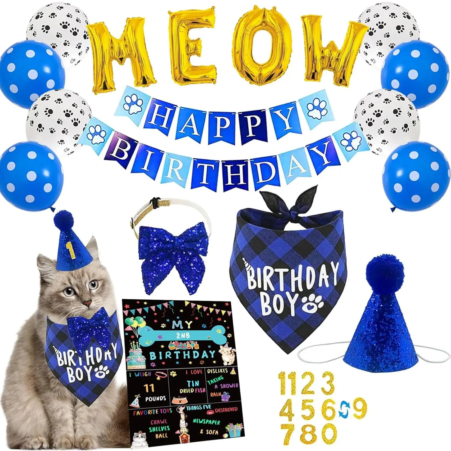 Kitten Birthday Bandanas  Birthdays Party Supplies Party Hat Boy with  Birthdays Banner Balloons Meow Letter Foil Balloons for Boy Cats Kitten Decorations
