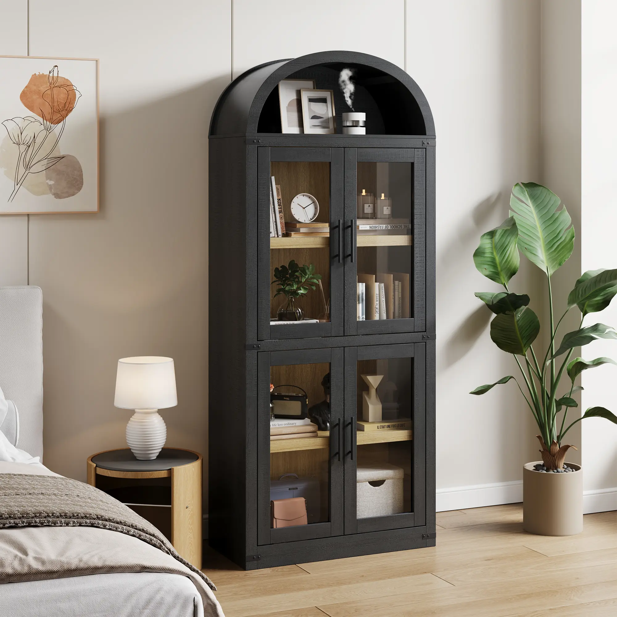 72" Tall Modern Farmhouse Arched Bookshelf Cabinet with 4 Glass Doors & Open Display Shelf, Freestanding Wooden Storage Bookcase Organizer for Living Room & Bedroom