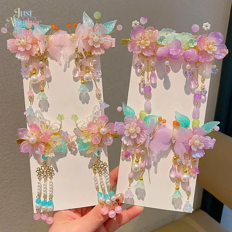 Girls' Light Pink Graphic Floral Hair Clips, a Cute Chinese Style Pair with Bows and Beaded Pearl Tassels for Hanfu Outfits, Cute Hair Accessories, Flower Hair Accessories