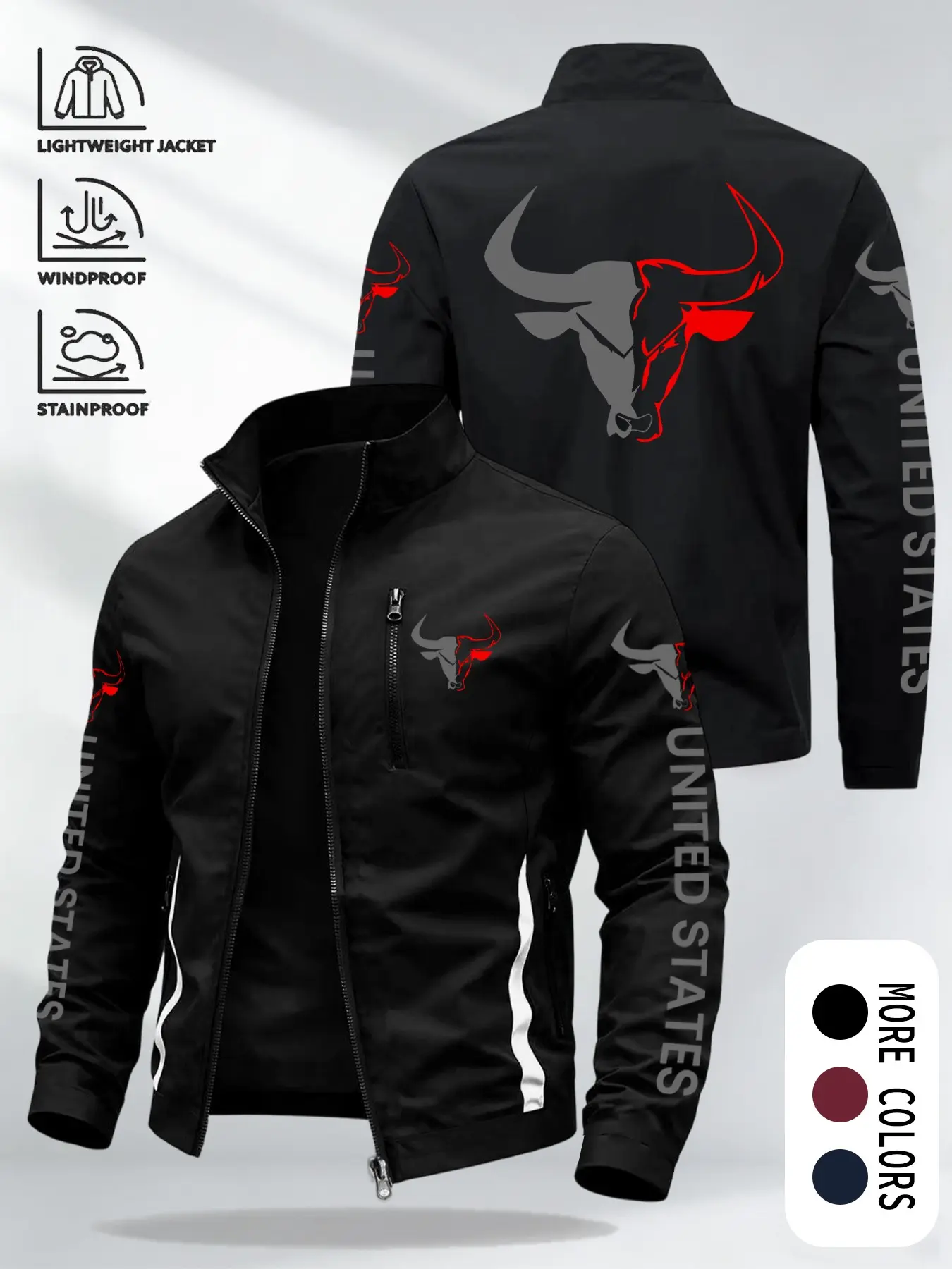 Men's Waterproof Windproof Jacket, Bull Print Sporty Outerwear, Zipper Design, Casual Loose-Fit, Ideal for Daily Wear & Sports, Zippered Sports Jacket