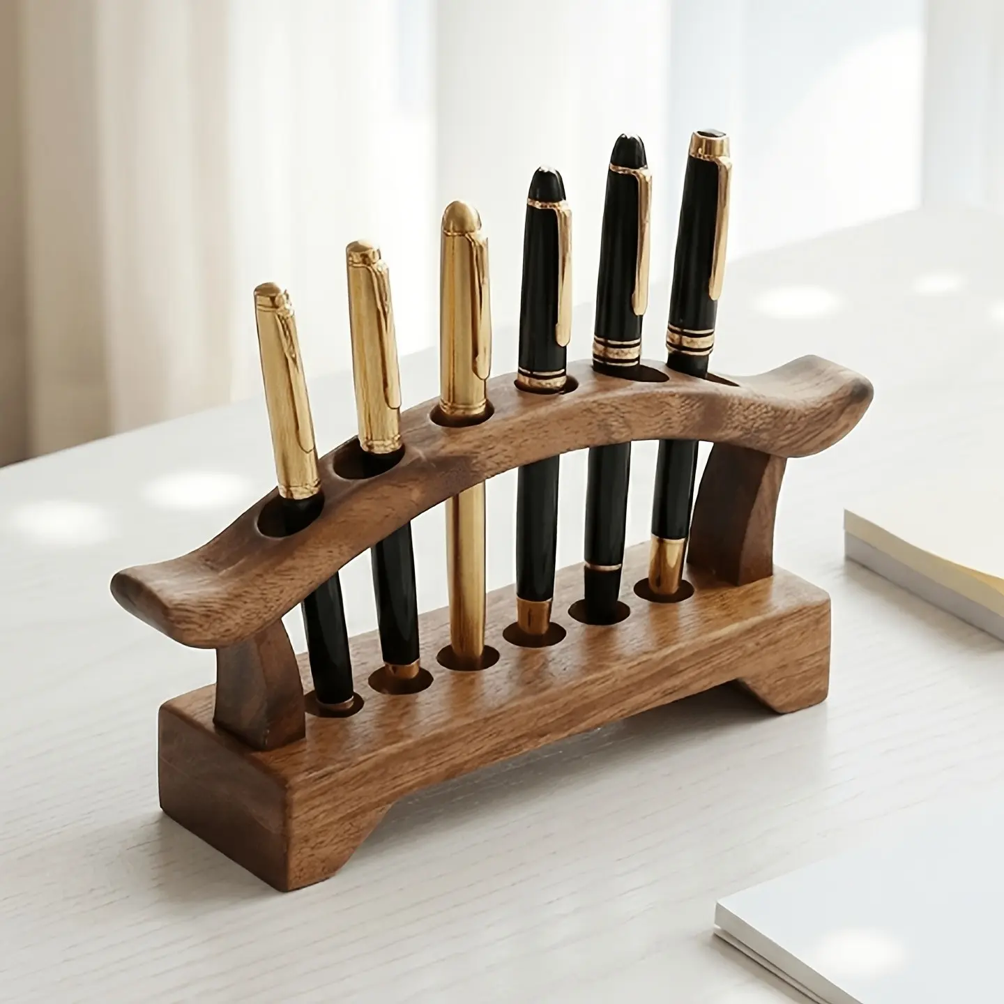 Wooden Desk Organizer Pen Holder, Walnut Wood Pencil Holder with 6 Slots, Minimalist Desk Accessories, Office, School & Home Desk Decor