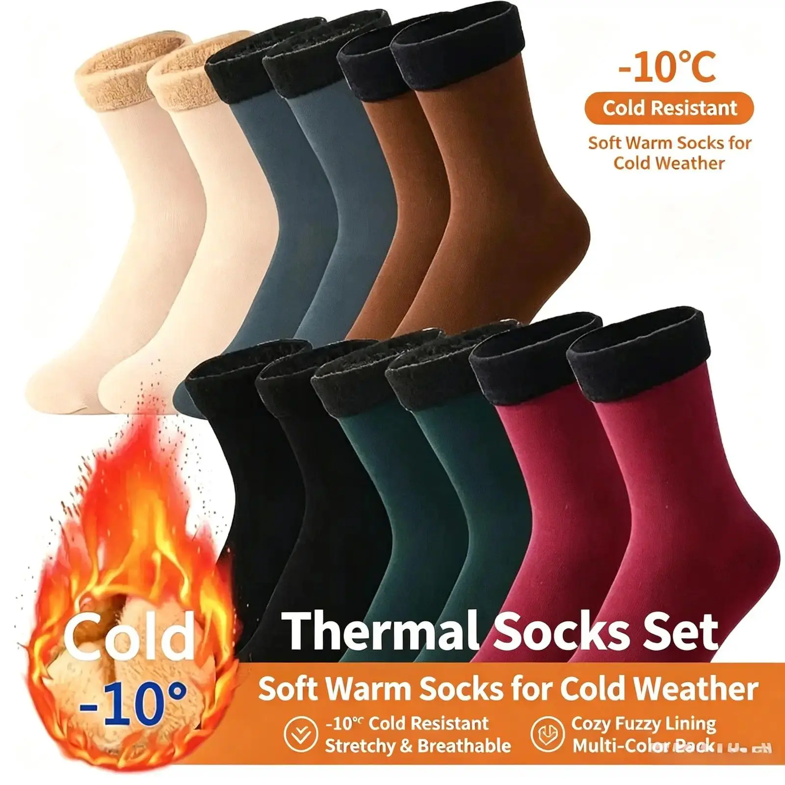 Women's Mid-Calf Thick Fleece-Lined Cold-Proof Warm Floor Socks, 10pcs/5 Pairs Black, Unisex Autumn-Winter Sporty Protective Gear Sports & Outdoor Accessories