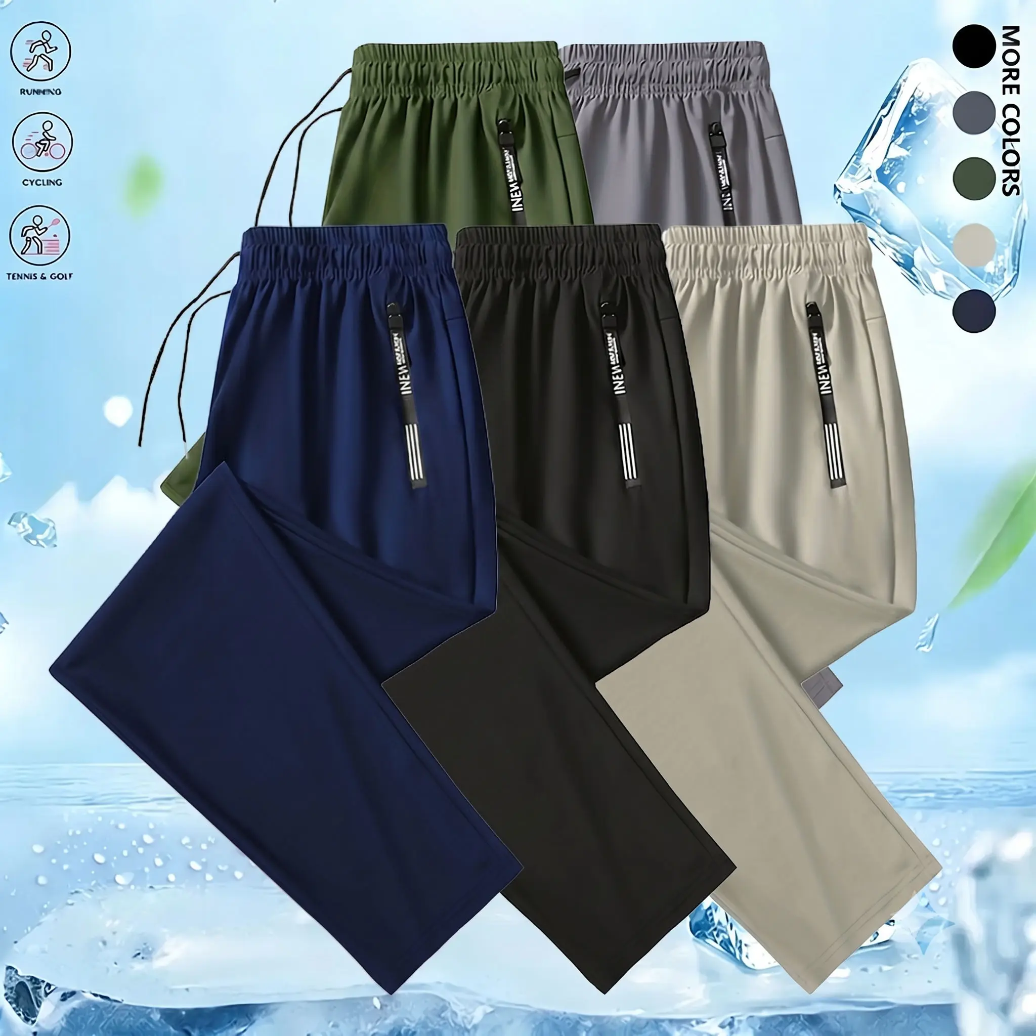 Men's 5-Pack Thin Ice Silk Athletic Joggers, Quick-Dry Sportswear with Side Stripes and Zipper Pockets, Pack Of Five
