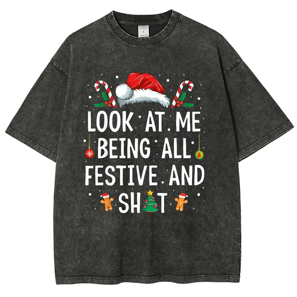 Unisex Vintage Acid Wash Oversized T Shirt Funny Sarcastic Christmas Festive Graphic Tees With Santa Hat Candy Cane Gingerbread Man Xmas Holiday Casual Short Sleeve Tops