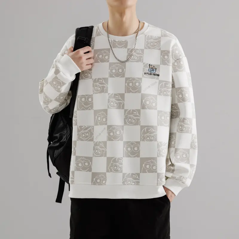 Men's Long Sleeve Checkerboard Cartoon Print Pullover Sweatshirt - Menswear Tops, Loose Casual Fit, Embroidered Chest Logo, Ribbed Cuffs & Hem, Ideal for Street Style & Daily Layering