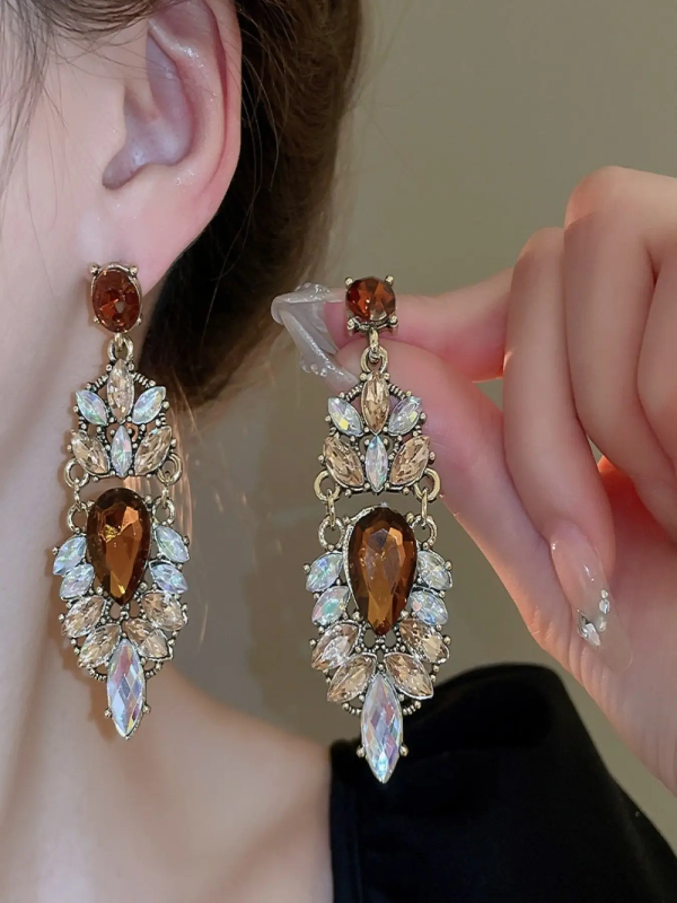 Women's Shiny Rhinestone Drop Earrings, Colorful Champagne Rhinestone Statement Earrings, Formal Ball Jewelry Gift