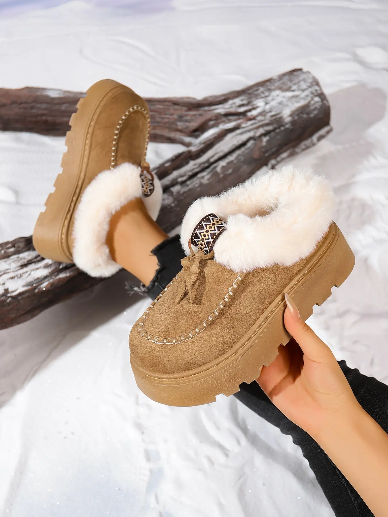 Classic Winter Ethnic Braided Fringe Slip-On Boot, Full Fleece Lining Thick Sole, Ideal for Home Relaxation and Short Outdoor Activities