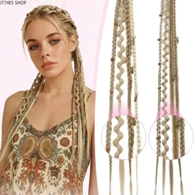 2Pcs 20 Inch Clip‑In Braid Hair Extensions, Boho Handmade Dreadlock Hair Pieces with Bead Charms, Soft Synthetic Braided Hair Accessories for Daily, Cosplay & Party Styling