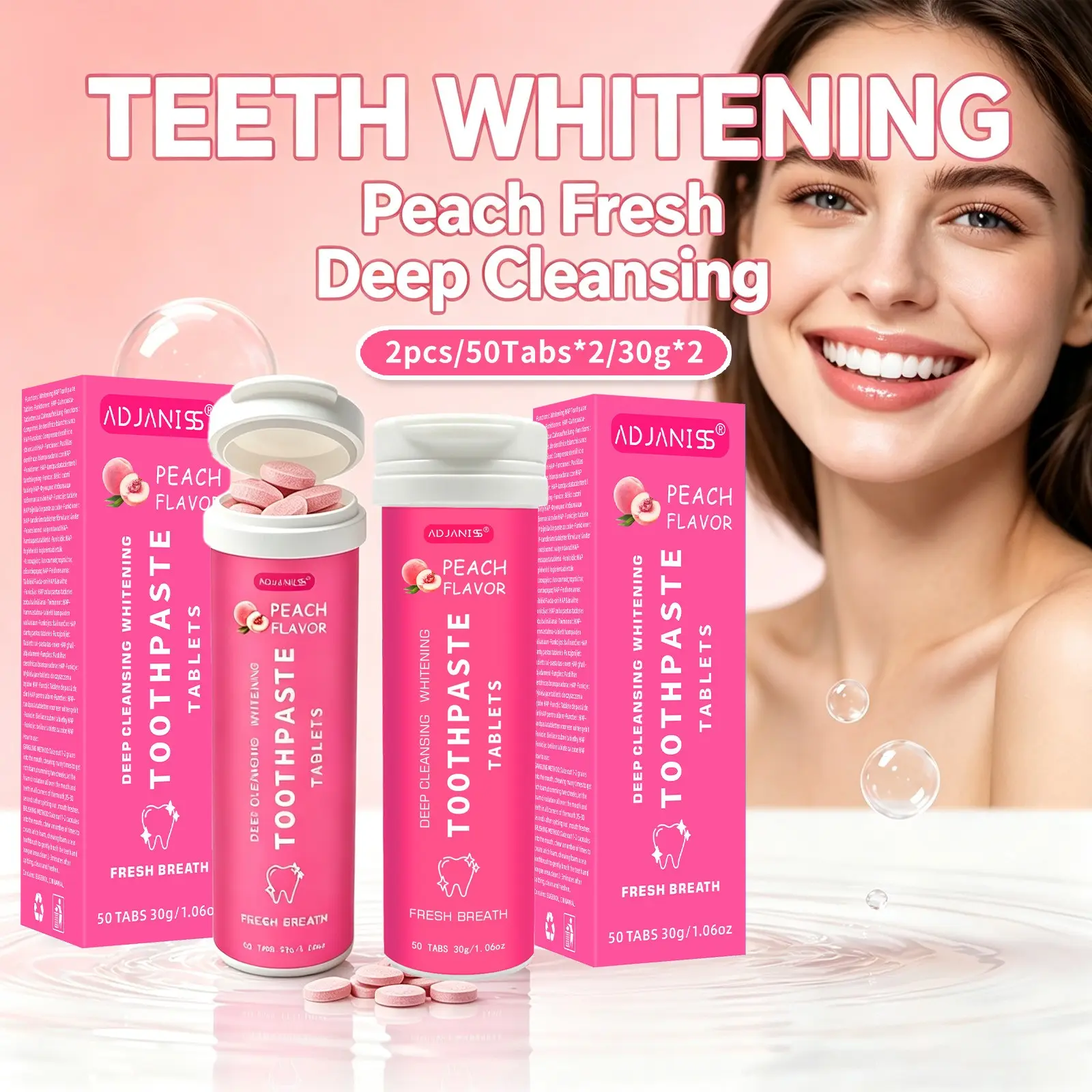 Adjaniss Peach Flavor Toothpaste Tablets, Xylitol & Hydroxyapatite, Teeth Whitening, Fresh Oral Care, Teeth Cleaner, 2pcs/30g*2, Dual Effect