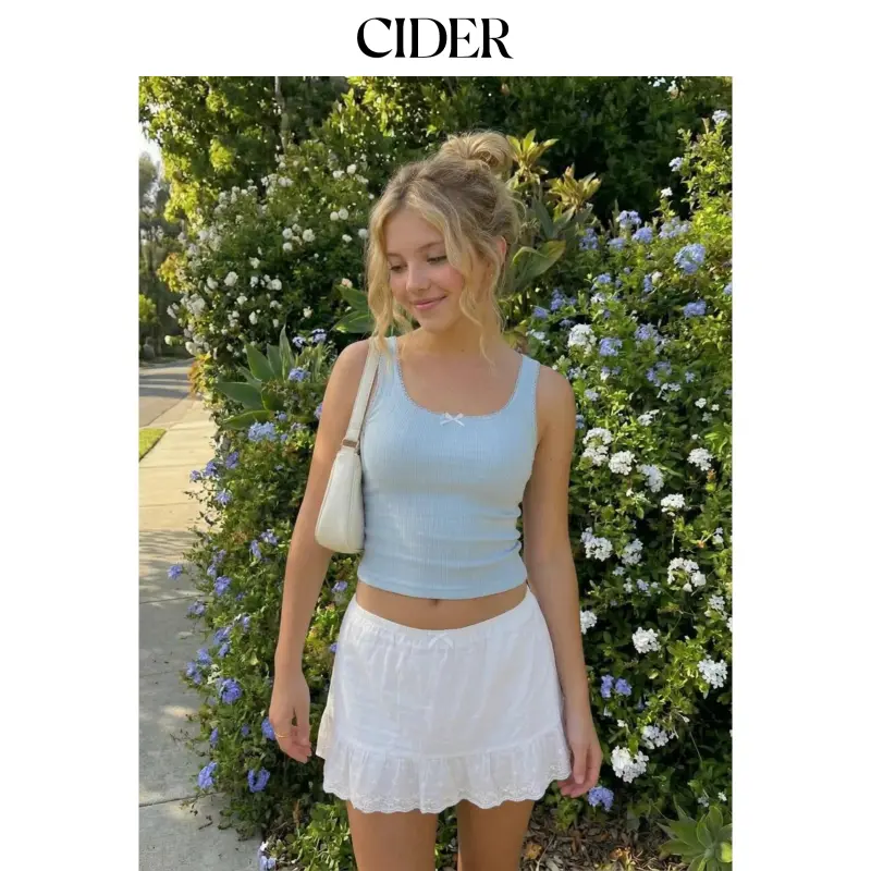 Cider Scoop Neck Lace Trim Bowknot Tank Top