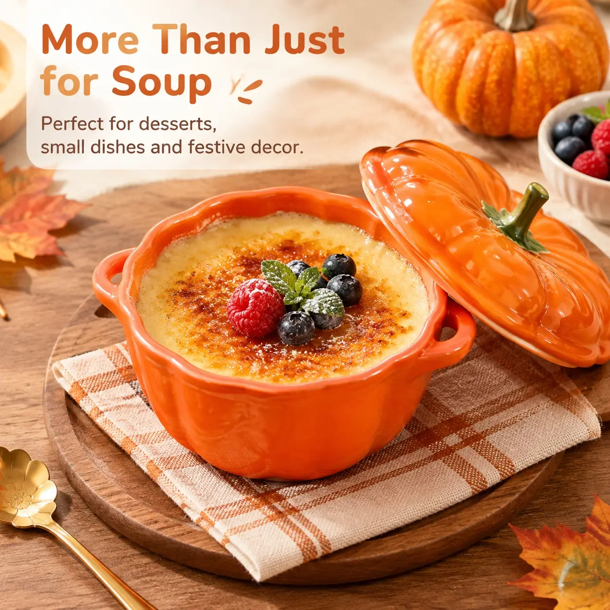 Pumpkin‑Shaped Ceramic Bake Bowl With Lid & Double Handles, Home Cooking Pot For Stew Steamed Egg Pudding, Table Ornament & Gift Tableware For Halloween Thanksgiving, Ceramic Bakeware