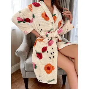 Women Flannel Bathrobe, Floral Fruit Print Shawl Collar Long Sleeve Dressing Gown with Pocket, Soft Textured Casual Loungewear Robe for Fall Winter Home Wear