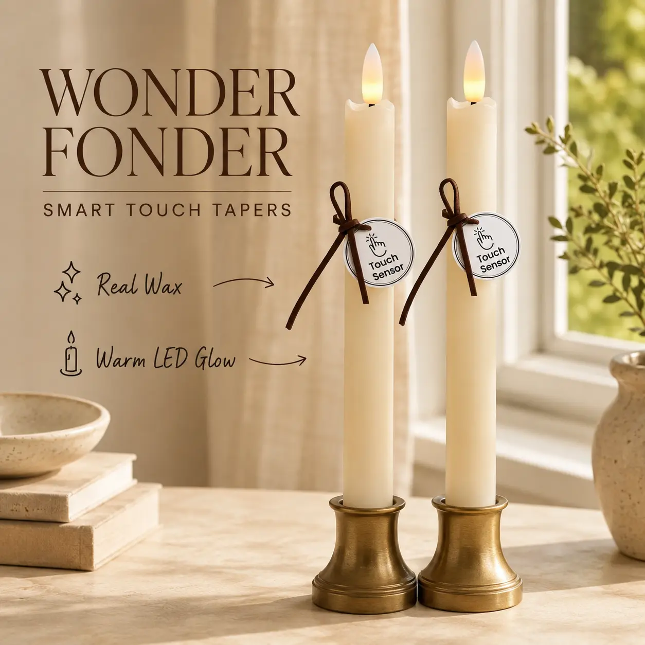 Wonder Fonder Flameless Taper Candles Set of 2, Real Wax Ivory Battery Operated Candles w/ Smart Touch & 3D Wick, Warm LED Window Candles for Home Decor, Wedding Centerpieces, Christmas & Party
