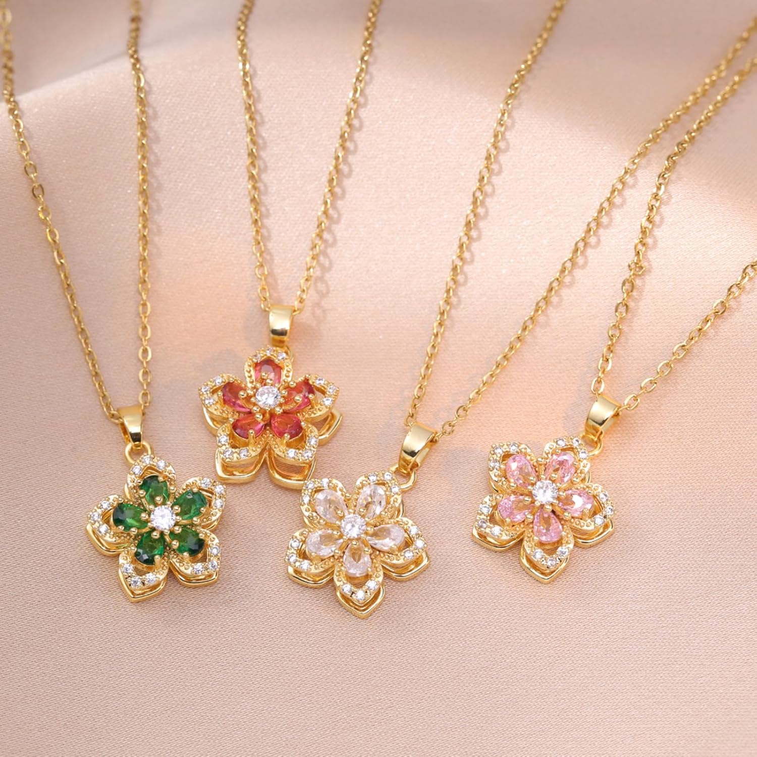 Necklace for Women Gold Flower Fidget Necklace Rotatable Crystal Silver Blossom Pendant Necklaces Adjustable Spinning Fidget Necklaces Redbud Flower Choker Funny Gift Jewelry