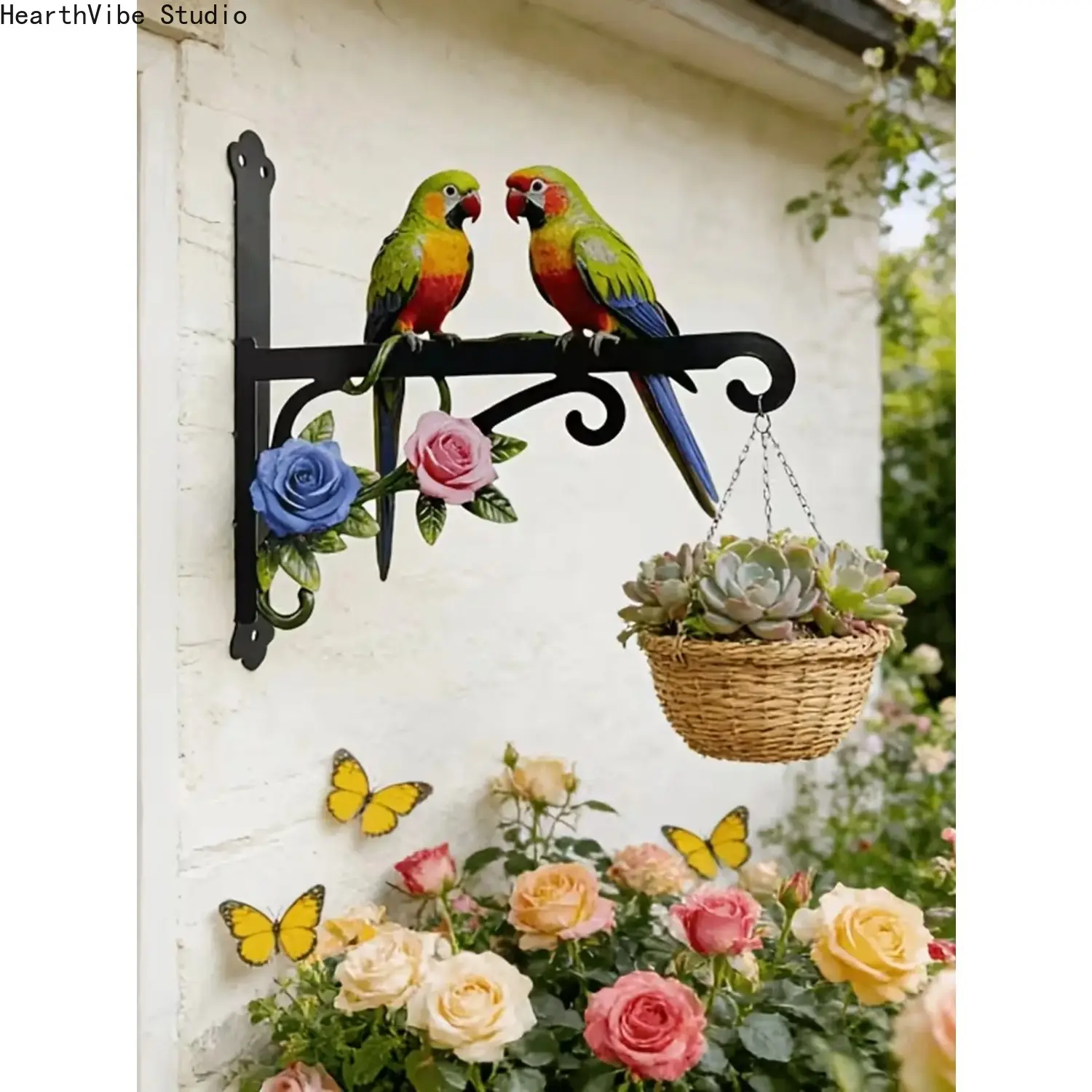 Colorful Metallic Parrot Wall Hanging Ornament, 2pcs Rust Proof Sun Resistant Outdoor Fence Decor, Tropical Bird Sculpture with Mounting Screws, Garden Patio Porch Yard Housewarming Gift