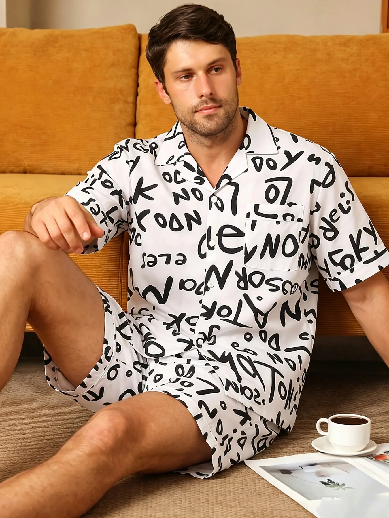 Men Letter Print Short Sleeve Pajama Set, Lapel Button Sleep Shirt + Loose Casual Shorts, Light Soft Loungewear, Fashion Graffiti Style Indoor Nightwear, Summer Daily Relax Home Outfit.
