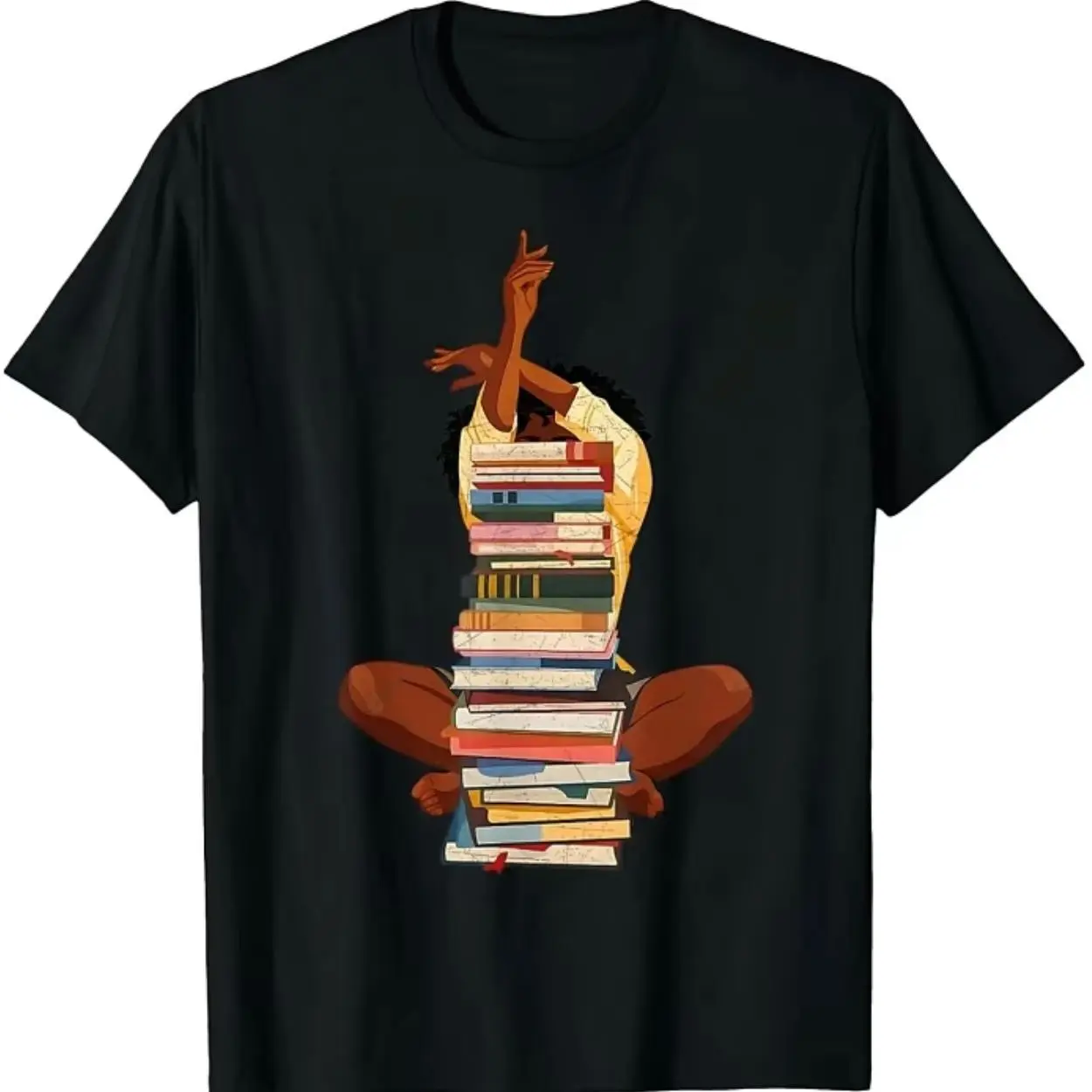 Melanin Black Woman Stack Of Books Cover Face Cross Legged Reading Lover Graphic T-Shirt African American Bookworm Intellectual Empowerment Art Black Short Sleeve Unisex Casual Loose Fit Tee Gift For Black Female Readers