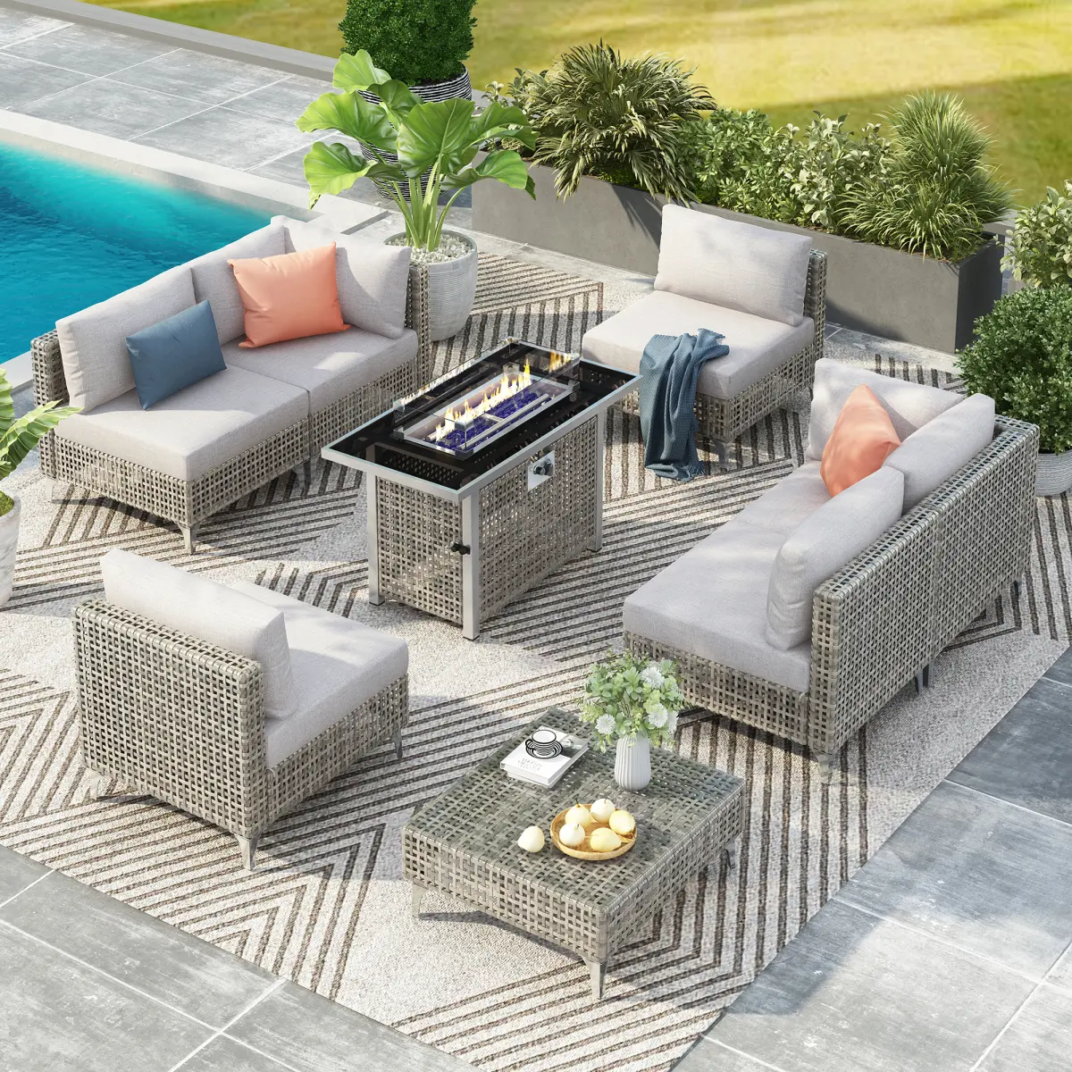AobtkelK&K patio 8-Piece Patio Furniture Set with 43" Fire Pit Table, Outdoor Conversation Set & 60,000 BTU 43 Inch Rectangle Propane Fire Pit with Water Resistant Grey Thick Cushions, Grey