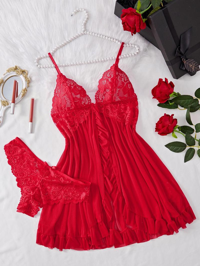 Ladies' Sexy Ruffle Trim Cami Nightdress & Bow Decor Panty Set, Comfortable Playful Floral Lace Sheer Sleepwear Set, Glamour Lingerie Set