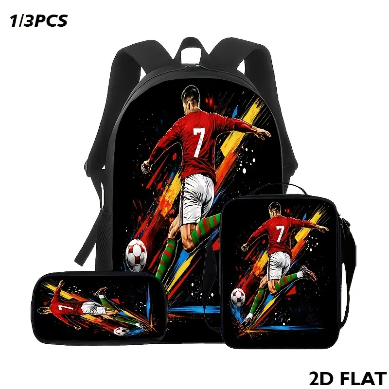 Soccer-Themed 3-Piece Bag Set - Number 7 Player Dynamic Print, Cool Colors, Large Capacity, Includes Backpack, Crossbody Bag & Pencil Case, 2D Flat Printing, Ideal for Daily Commute, Travel