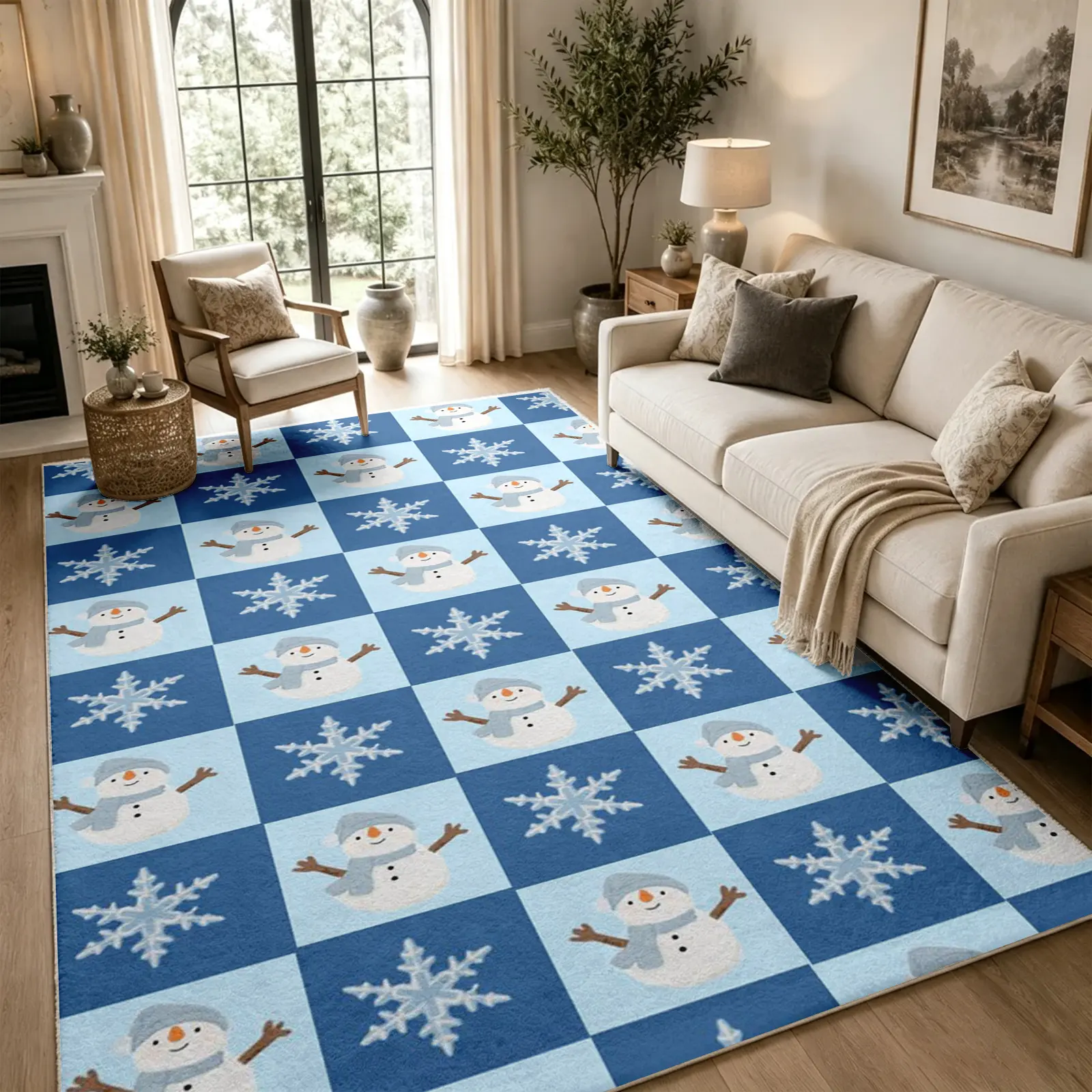 Funny Checkered Snowman Area Rug, Blue White Snowflake Carpet, Soft Faux Cashmere, Non Slip Washable Floor Cover for Living Room Bedroom Dining Room Office, Festive Christmas Decor, Home Decor (Various Sizes)