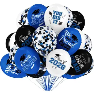 2026 Blue & Black Graduation Decorations Set - 63Pcs Graduation Grad Latex Balloons with Ribbons, Congrats Grad Caps for College & High School Party Supplies