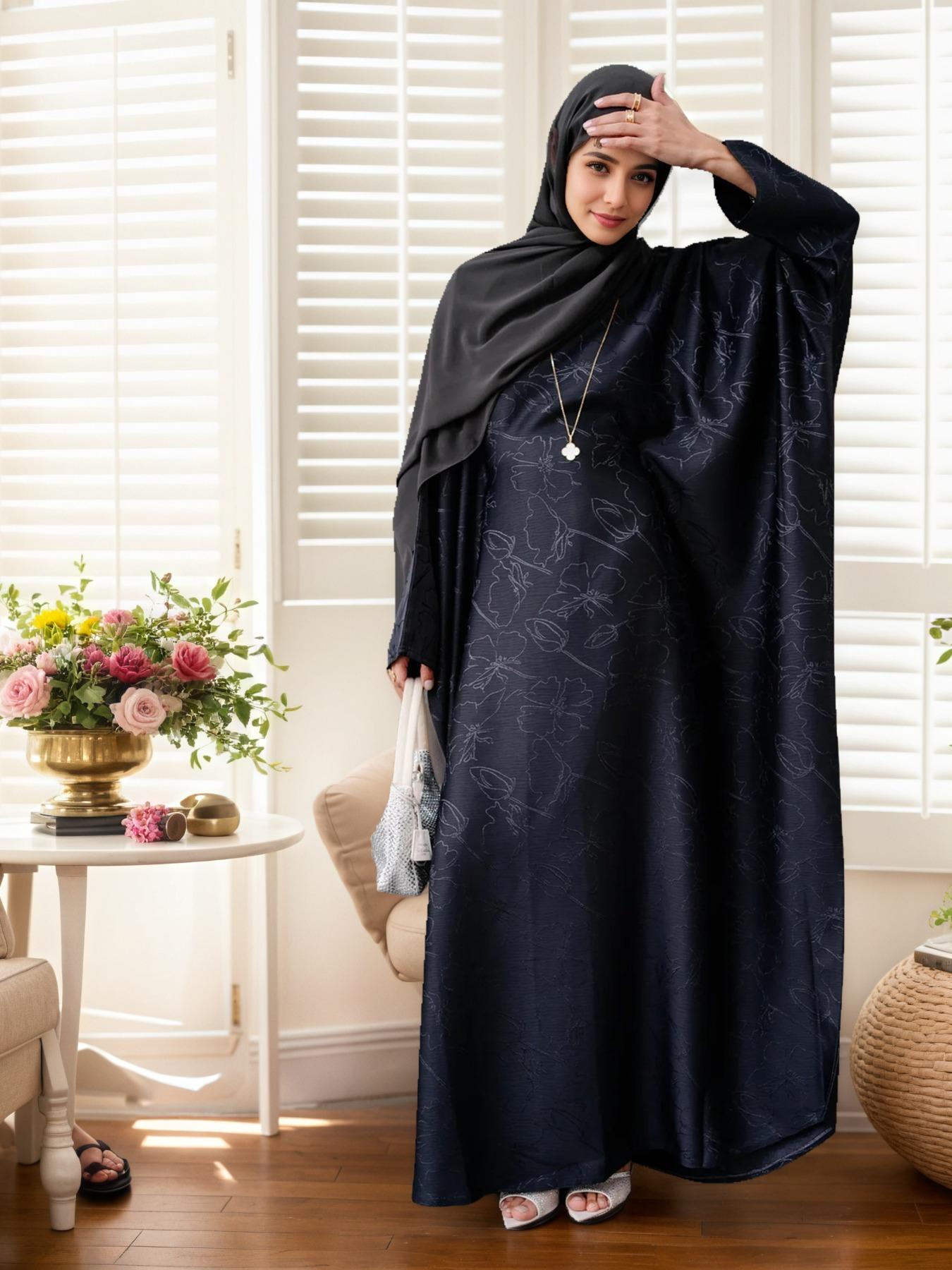 Women's Floral Jacquard Arabian Dress, Modest Chic Round Neck Long Sleeve Abaya Dress for Daily Wear, Ladies Islamic Clothing for All Seasons, Abaya Hijab Set, Abayas for Eid