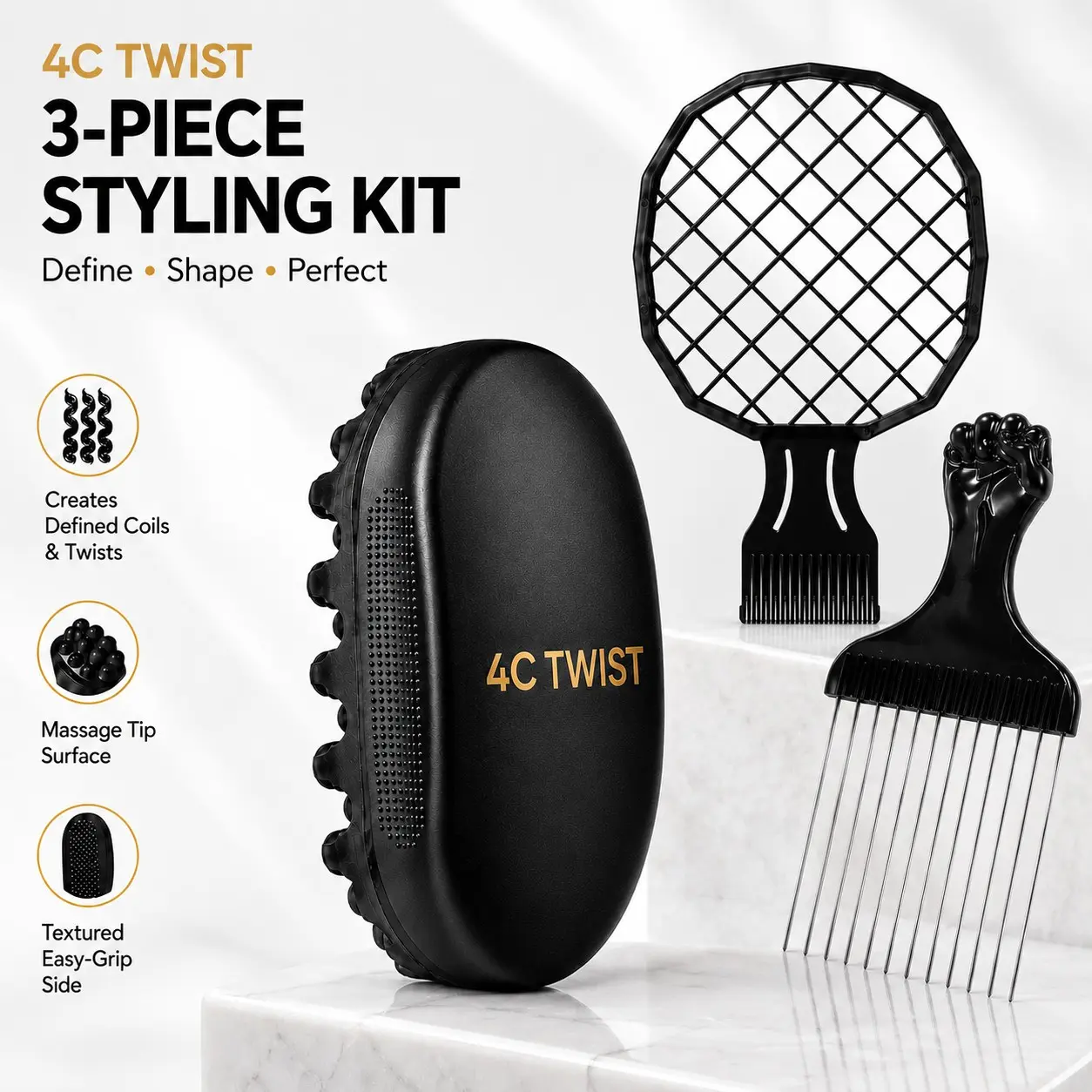 4C TWIST 3-Piece Twist Hair Styling Kit for Men with Twist Brush, Mesh Styling Comb & Afro Pick for 4C Natural Hair, Defined Coils, Curls, Twists, Waves & Afro Styles