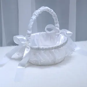 Lace Flower Girl Basket, Floral Pattern Basket, Wedding Bouquet Holder, Handheld Small Basket for Bridesmaids, Western Style Bridal Shower Gift, Scalloped Baskets  Wedding Flower Girl Basket - White Lace Satin Basket
