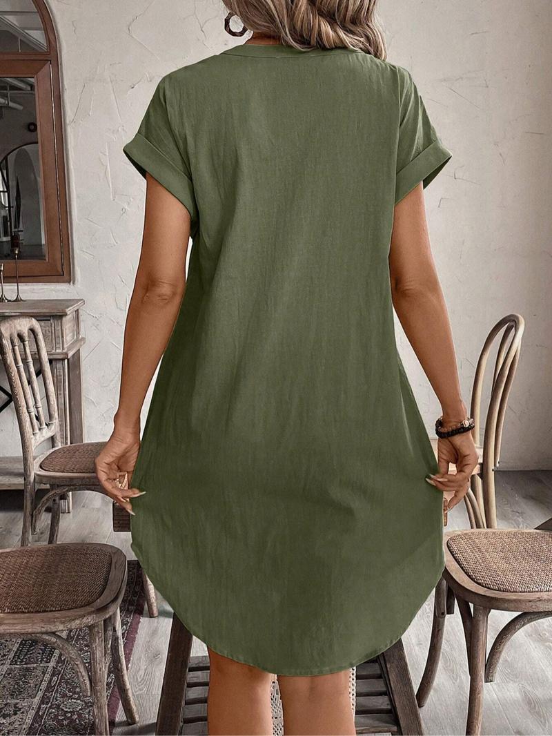 Women's Plain Notched Neck Batwing Sleeve Button Front Dress, Casual Short Sleeve Short Dress for Summer, Ladies Clothes for Daily Wear, Casual Everyday Wear