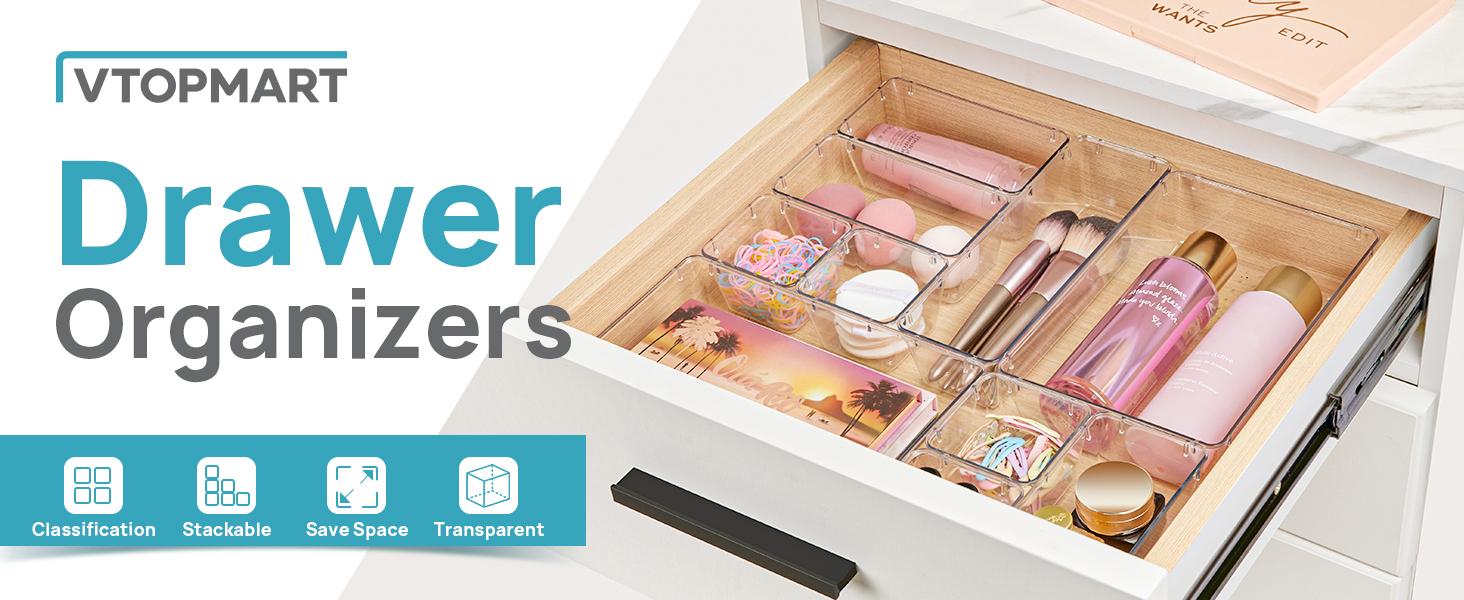 25 PCS Clear Plastic Drawer Organizers Set, 4-Size Versatile Bathroom and Vanity Drawer Organizer Trays, Storage Bins for Makeup, Bedroom, Kitchen Gadgets Utensils and Office