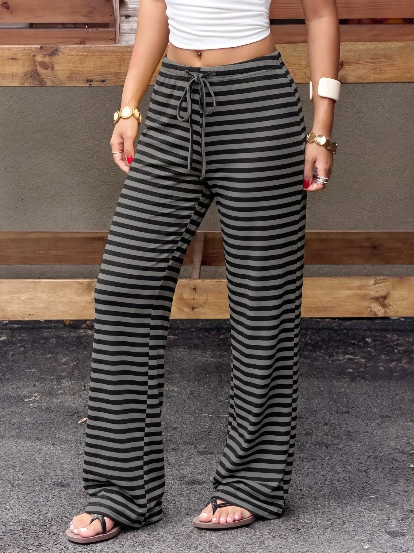 Women Dark Grey Black Striped Wide Leg Pants, Drawstring Elastic Adjustable Waist Casual Long Trousers, Soft Stretchy Loose Fit Loungewear Bottoms, Daily Street Going‑out Vacation Pants For Ladies