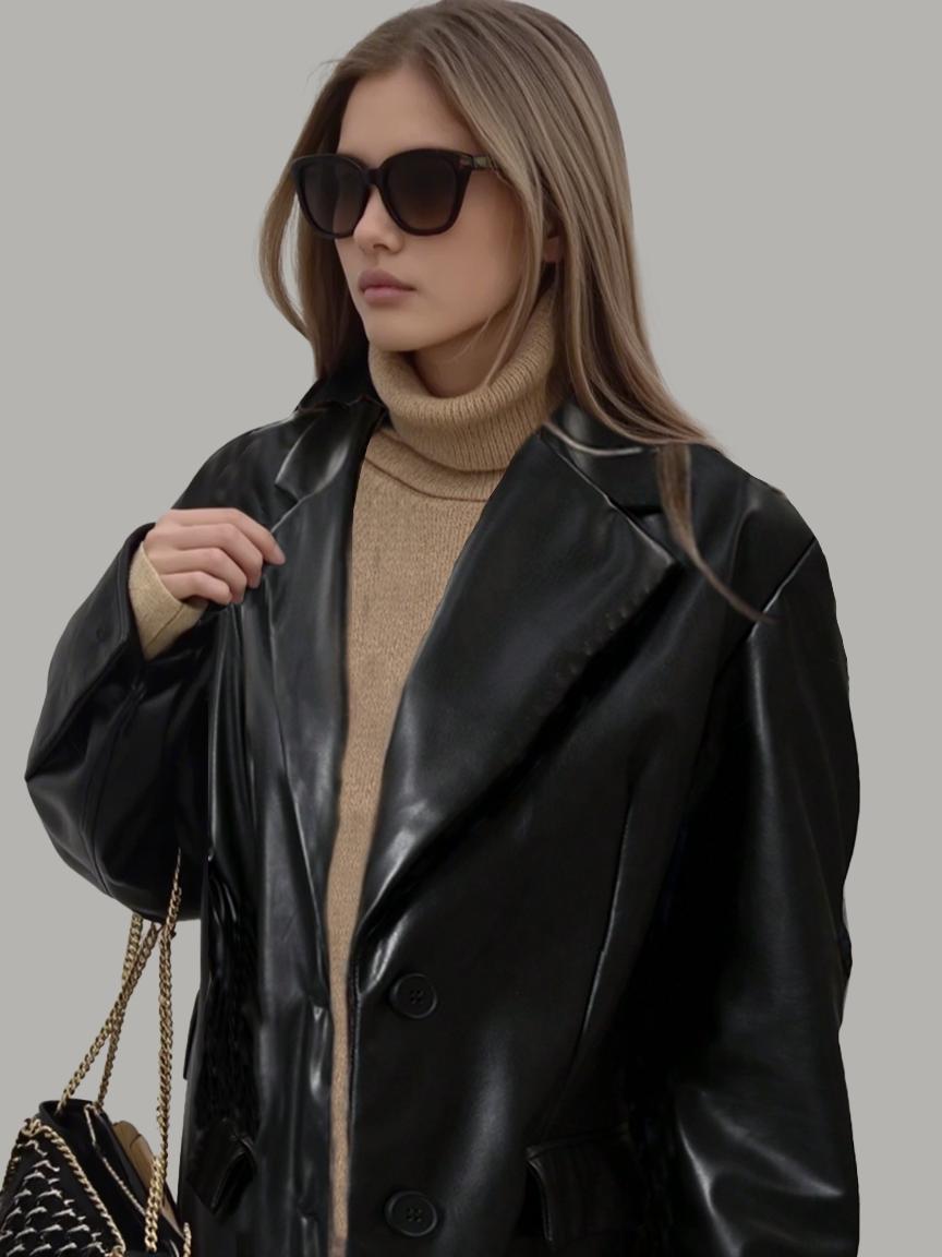 Women's Solid Color Suit Fashion Casual Women's Leather Jacket Everyday Versatile Short PU Leather Jacket with Practical Side Pockets