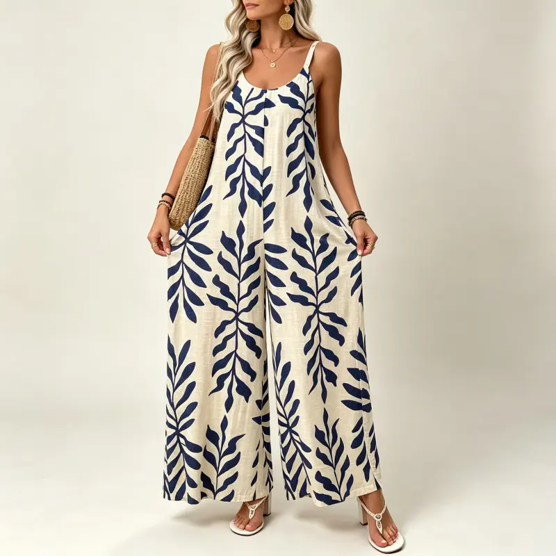 2026 Women Tropical Leaf Print Jumpsuit, Elegant V Neck Casual Romper with Pockets, Fashion One Piece Outfit for European American Ladies