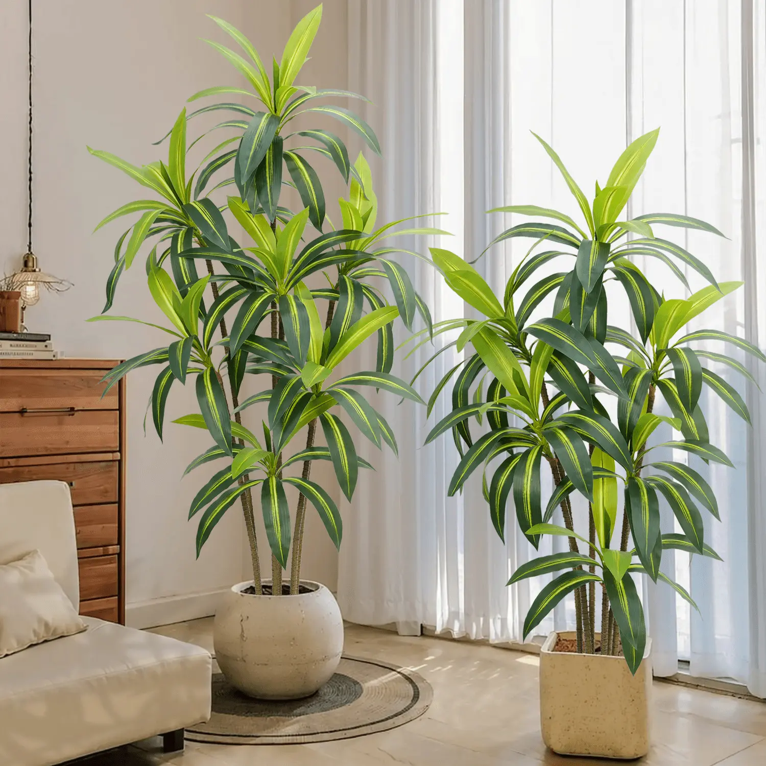 4-5 ft Tall PVC Realistic Look Brazilian Ironwood Artificial Potted Plant, Decorative Pastoral Style, Easy to Care for, with White Spherical Pot, for Living Room & Office Home Decor