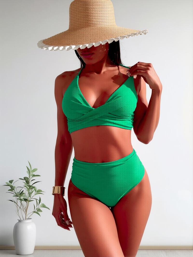 BlushHub Bright Green Halter Twist Two-Piece Swimsuit | Sexy Hot Girl Style, Halter Design, Front Twist & High Waist Tummy Control