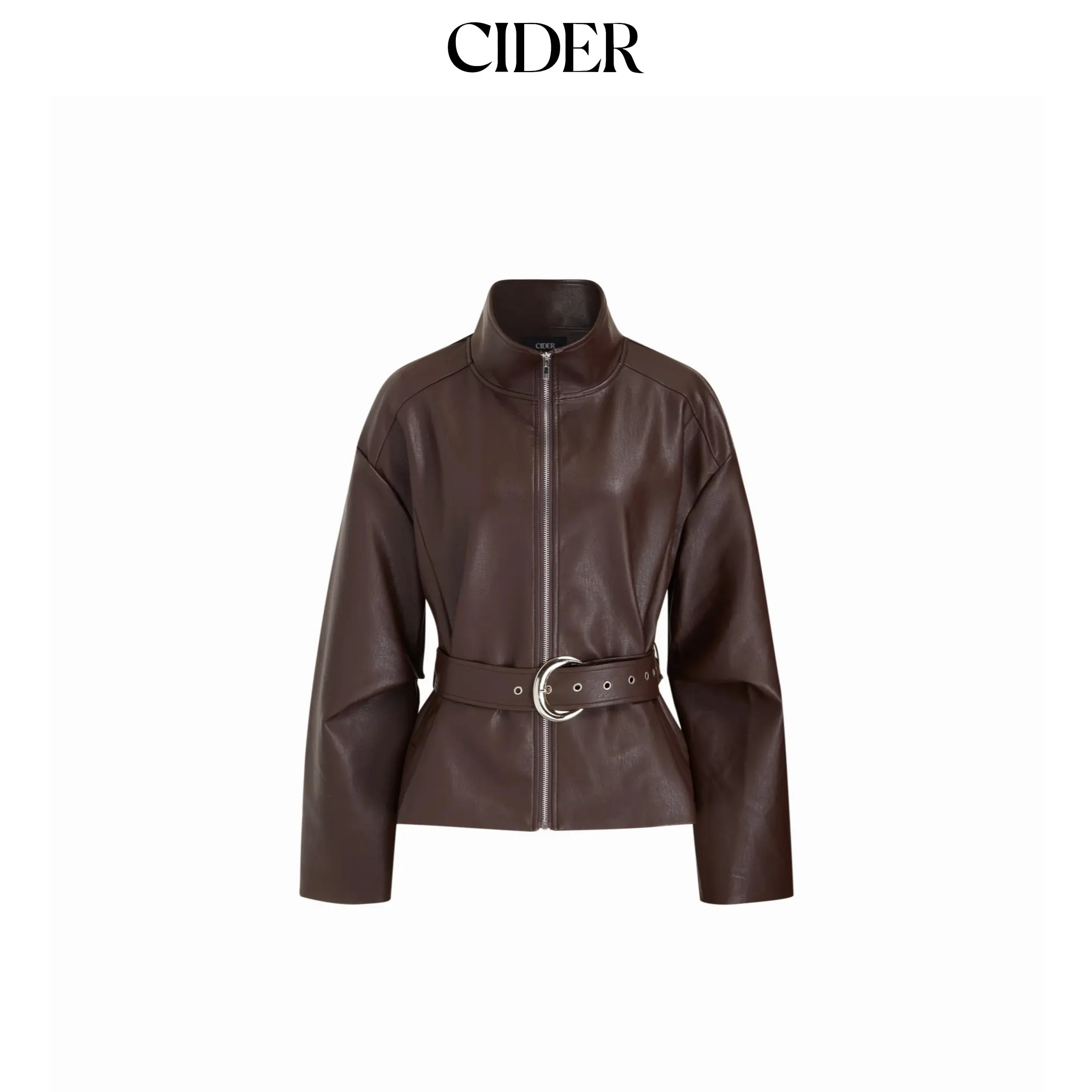 Cider Faux Leather Stand Collar Zip Through Jacket With Belt SummerFinds