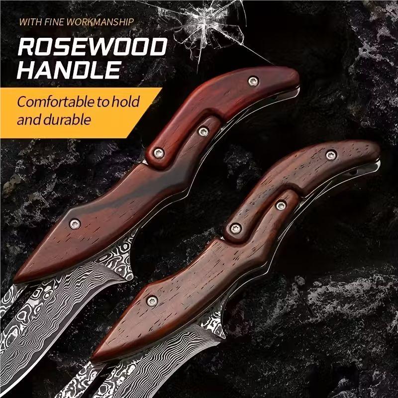 Damascus Steel Folding Knife with Wood Handle - Mechanical Magic Pocket Knife| Kitchen Peeling Tool & Unique Gift