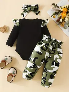 Girls' Letter-print long-sleeve romper + camouflage pants three-piece set