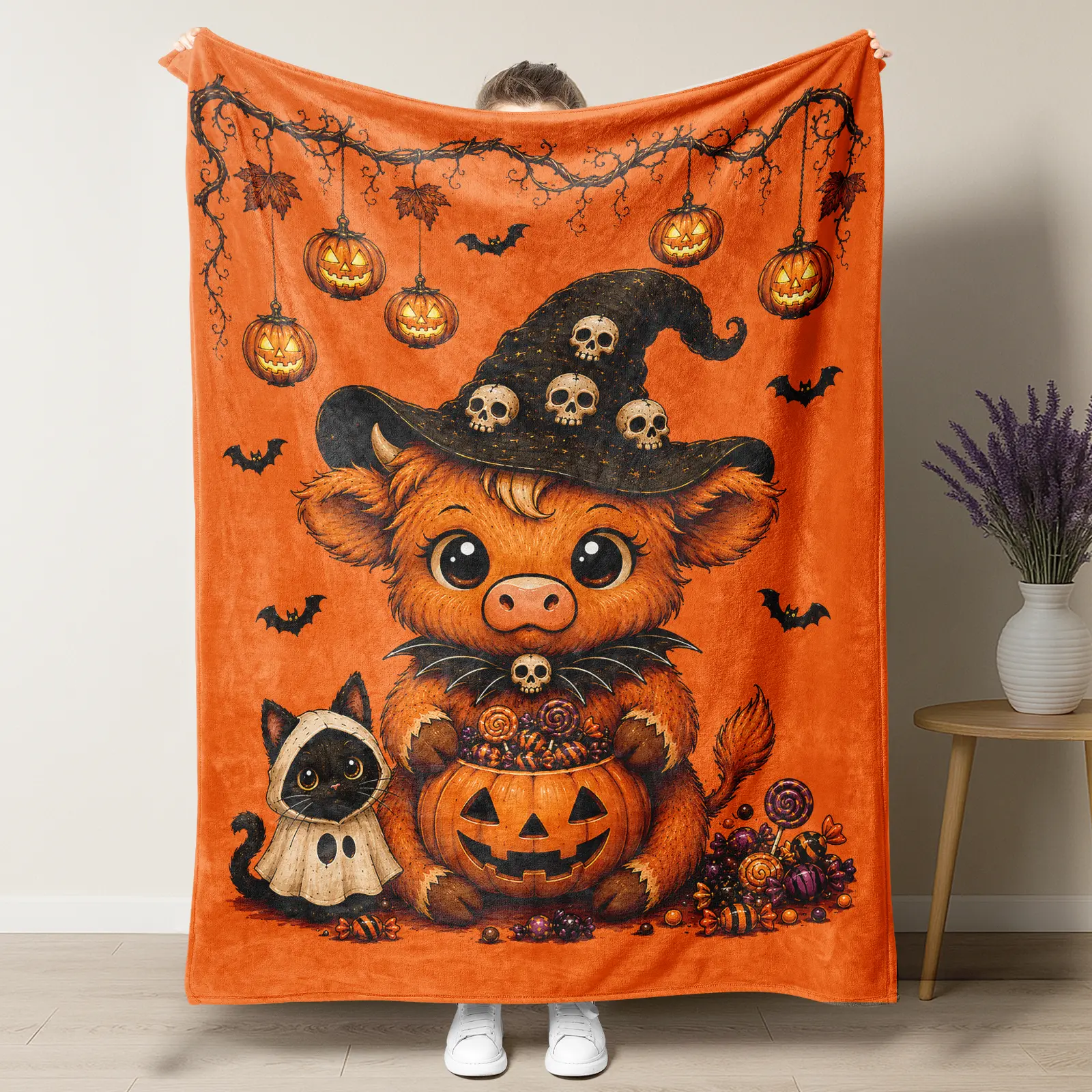 Halloween Witch Highland Cow Blanket,Spooky Fall Home Decor Couch Blanket,Unique Halloween Gift For Cow Enthusiasts,Warm Plush Home Essentials Blanket For Bedroom Living Room,Back To School,College Dorm Haul